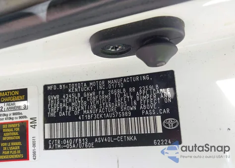 2010 Toyota Camry Le z USA, uszkodzony, nr VIN 4T1BF3EK1AU575989